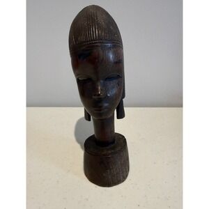 Vintage Hand Carved Iron Wood African Tribal Woman Head Bust Figurine Sculpture